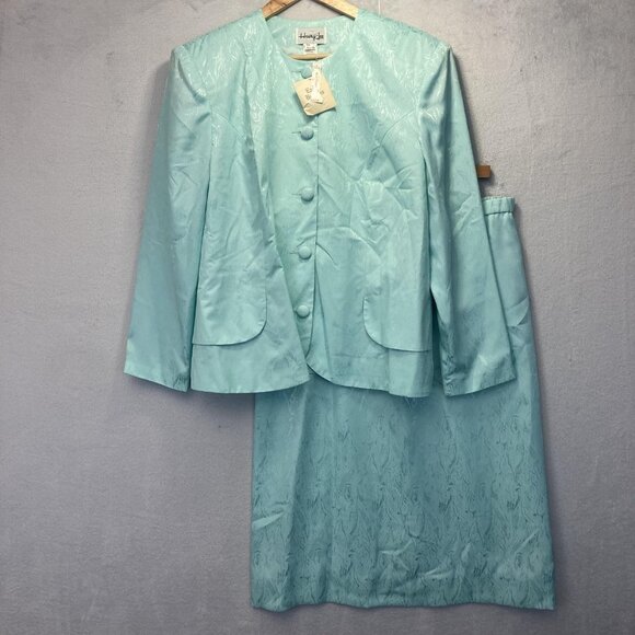 NWT Vintage Henry-Lee 2 Piece Skirt Suit Set Womens 20 Light Blue Jacquard USA - Picture 1 of 16